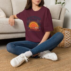 A vintage summer broadcast in T-shirt form. Heatwave Radio combines sunset colors, palm trees and retro radio graphics for an easygoing streetwear look.