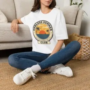 Image Alt Text Main Image Female model wearing an Endless Summer Club vintage California graphic t-shirt with a sunset, palm trees, and ocean design. Product-Focused Alt Text Endless Summer Club unisex t-shirt featuring a retro California coast sunset and palm tree graphic on a white tee. SEO-Friendly Alt Text Vintage California summer graphic t-shirt with Endless Summer Club typography, sunset, palm trees, and ocean artwork.