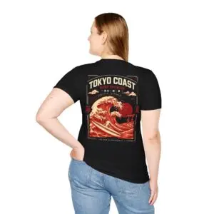 Tokyo Coast Surf Division Japanese wave graphic T-shirt shown from the back on a male model in a studio. Short SEO Alt Text Tokyo Coast Japanese wave graphic back print T-shirt