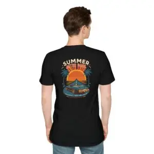 A retro summer road-trip graphic featuring a sunset, palm trees and classic car details, finished with Summer After Dark and Coastal Drive — 1979 lettering. A bold vintage-inspired addition to everyday streetwear.