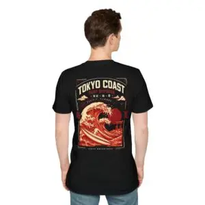 Tokyo Coast Surf Division Japanese wave graphic T-shirt shown from the back on a male model in a studio. Short SEO Alt Text Tokyo Coast Japanese wave graphic back print T-shirt