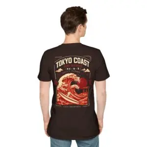 Tokyo Coast Surf Division Japanese wave graphic T-shirt shown from the back on a male model in a studio. Short SEO Alt Text Tokyo Coast Japanese wave graphic back print T-shirt