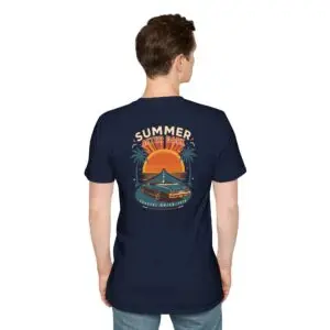 A retro summer road-trip graphic featuring a sunset, palm trees and classic car details, finished with Summer After Dark and Coastal Drive — 1979 lettering. A bold vintage-inspired addition to everyday streetwear.