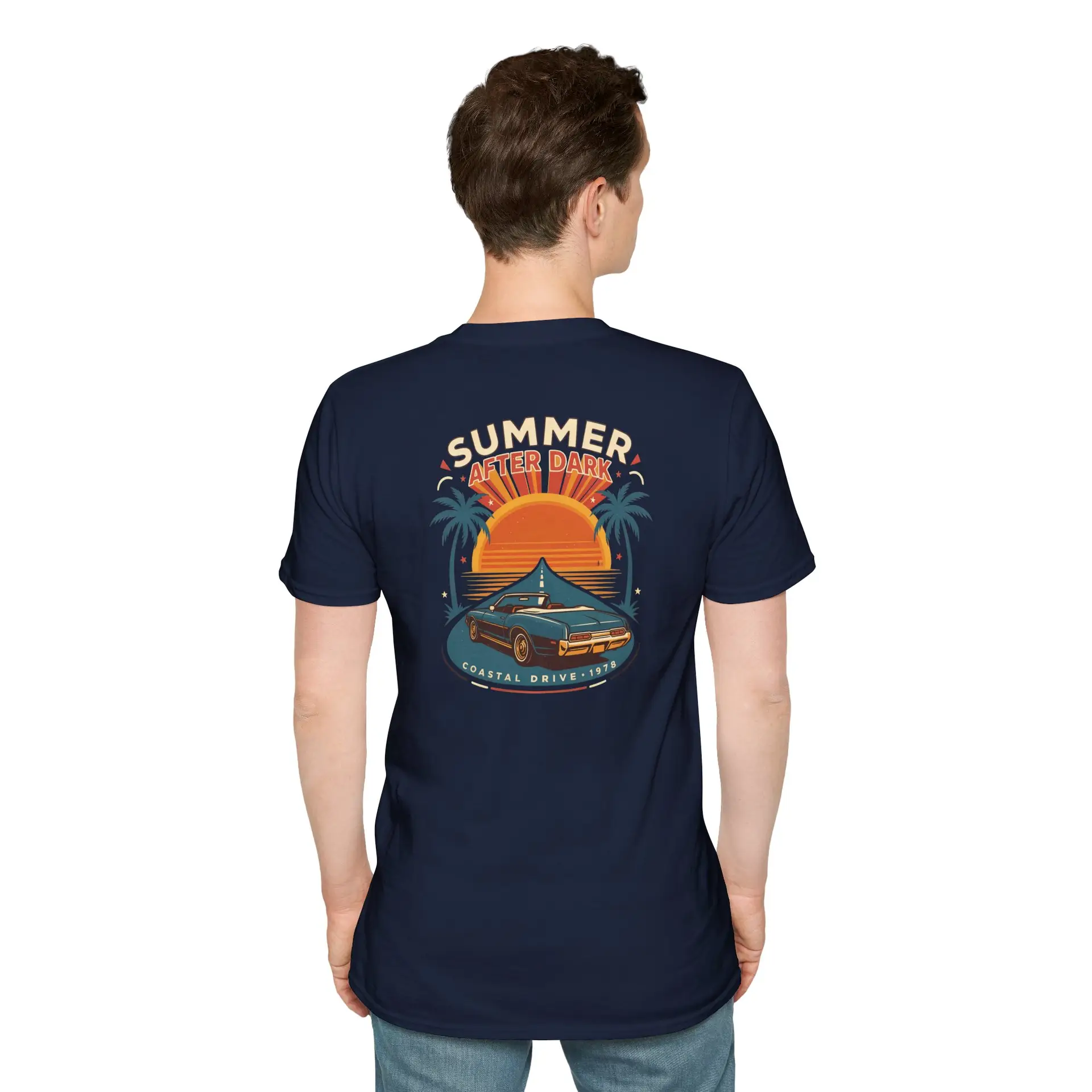 A retro summer road-trip graphic featuring a sunset, palm trees and classic car details, finished with Summer After Dark and Coastal Drive — 1979 lettering. A bold vintage-inspired addition to everyday streetwear.