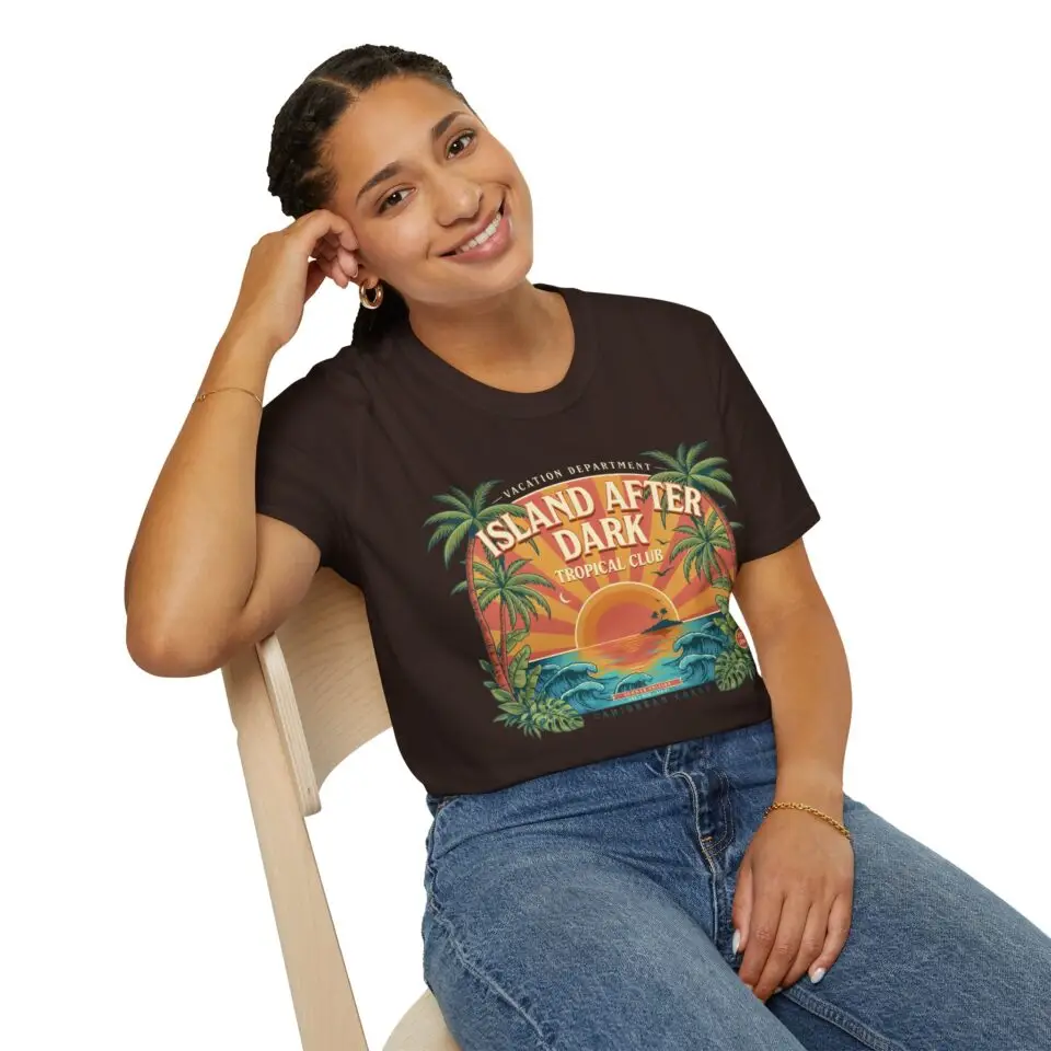 A vintage vacation club graphic with an after-dark attitude. Island After Dark blends tropical palms, sunset colors and ocean waves into an easygoing retro streetwear tee.