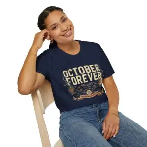 October Forever vintage Halloween graphic t-shirt featuring distressed typography, glowing crescent moon, lantern, autumn leaves, vines, and gothic fall-inspired artwork on a premium Gildan Softstyle unisex tee.