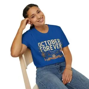 October Forever vintage Halloween graphic t-shirt featuring distressed typography, glowing crescent moon, lantern, autumn leaves, vines, and gothic fall-inspired artwork on a premium Gildan Softstyle unisex tee.