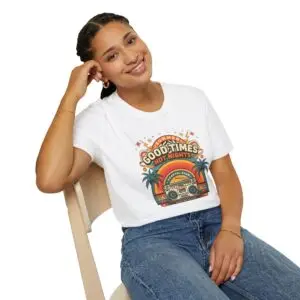 A vintage summer graphic built around Good Times Hot Nights, a retro radio and the Coastal Club aesthetic. Lightweight, easygoing and made for warm-weather streetwear.