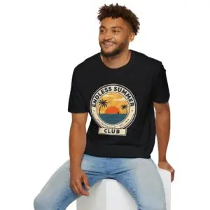 Image Alt Text Main Image Female model wearing an Endless Summer Club vintage California graphic t-shirt with a sunset, palm trees, and ocean design. Product-Focused Alt Text Endless Summer Club unisex t-shirt featuring a retro California coast sunset and palm tree graphic on a white tee. SEO-Friendly Alt Text Vintage California summer graphic t-shirt with Endless Summer Club typography, sunset, palm trees, and ocean artwork.