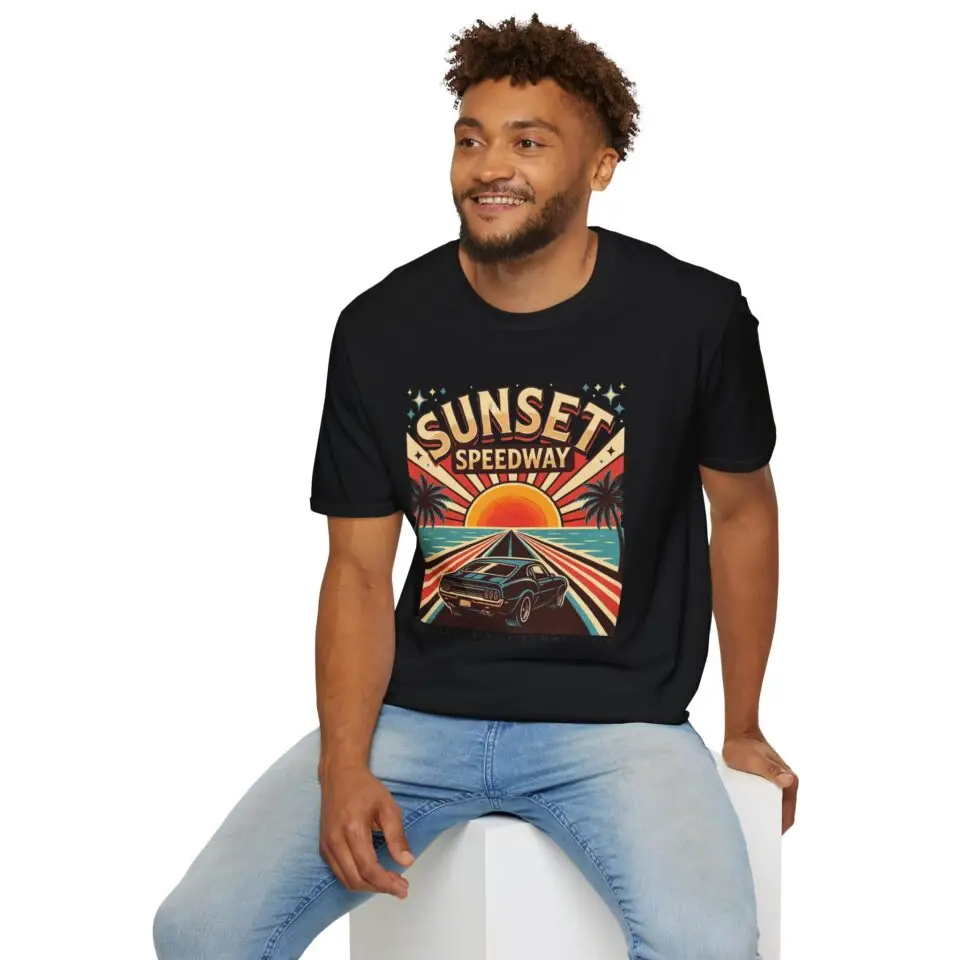 Sunset Speedway brings a vintage summer racing feel to an easy everyday unisex streetwear fit.