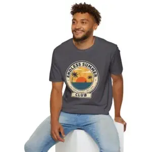 Image Alt Text Main Image Female model wearing an Endless Summer Club vintage California graphic t-shirt with a sunset, palm trees, and ocean design. Product-Focused Alt Text Endless Summer Club unisex t-shirt featuring a retro California coast sunset and palm tree graphic on a white tee. SEO-Friendly Alt Text Vintage California summer graphic t-shirt with Endless Summer Club typography, sunset, palm trees, and ocean artwork.