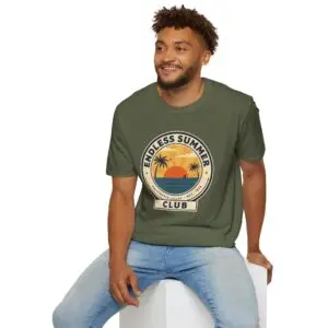 Image Alt Text Main Image Female model wearing an Endless Summer Club vintage California graphic t-shirt with a sunset, palm trees, and ocean design. Product-Focused Alt Text Endless Summer Club unisex t-shirt featuring a retro California coast sunset and palm tree graphic on a white tee. SEO-Friendly Alt Text Vintage California summer graphic t-shirt with Endless Summer Club typography, sunset, palm trees, and ocean artwork.