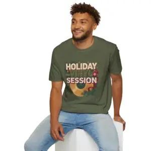 Front Images Holiday Vinyl Session retro Christmas record graphic T-shirt on female model Black Holiday Vinyl Session Christmas vinyl graphic tee front view Vintage Christmas music lover unisex T-shirt Retro vinyl record holiday graphic shirt Lifestyle Images Woman wearing Holiday Vinyl Session Christmas T-shirt in studio Casual festive outfit featuring Holiday Vinyl Session graphic tee Close-up Images Holiday Vinyl Session Christmas vinyl record graphic close-up Premium DTG printed retro holiday music design on black T-shirt