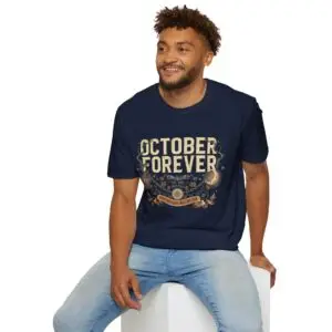 October Forever vintage Halloween graphic t-shirt featuring distressed typography, glowing crescent moon, lantern, autumn leaves, vines, and gothic fall-inspired artwork on a premium Gildan Softstyle unisex tee.