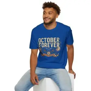 October Forever vintage Halloween graphic t-shirt featuring distressed typography, glowing crescent moon, lantern, autumn leaves, vines, and gothic fall-inspired artwork on a premium Gildan Softstyle unisex tee.
