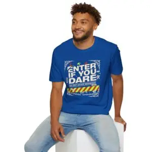 Enter If You Dare vintage Halloween graphic t-shirt featuring distressed typography with the phrase "Enter If You Dare" and the tagline "No Exit After Midnight" printed on a premium Gildan Softstyle unisex tee.