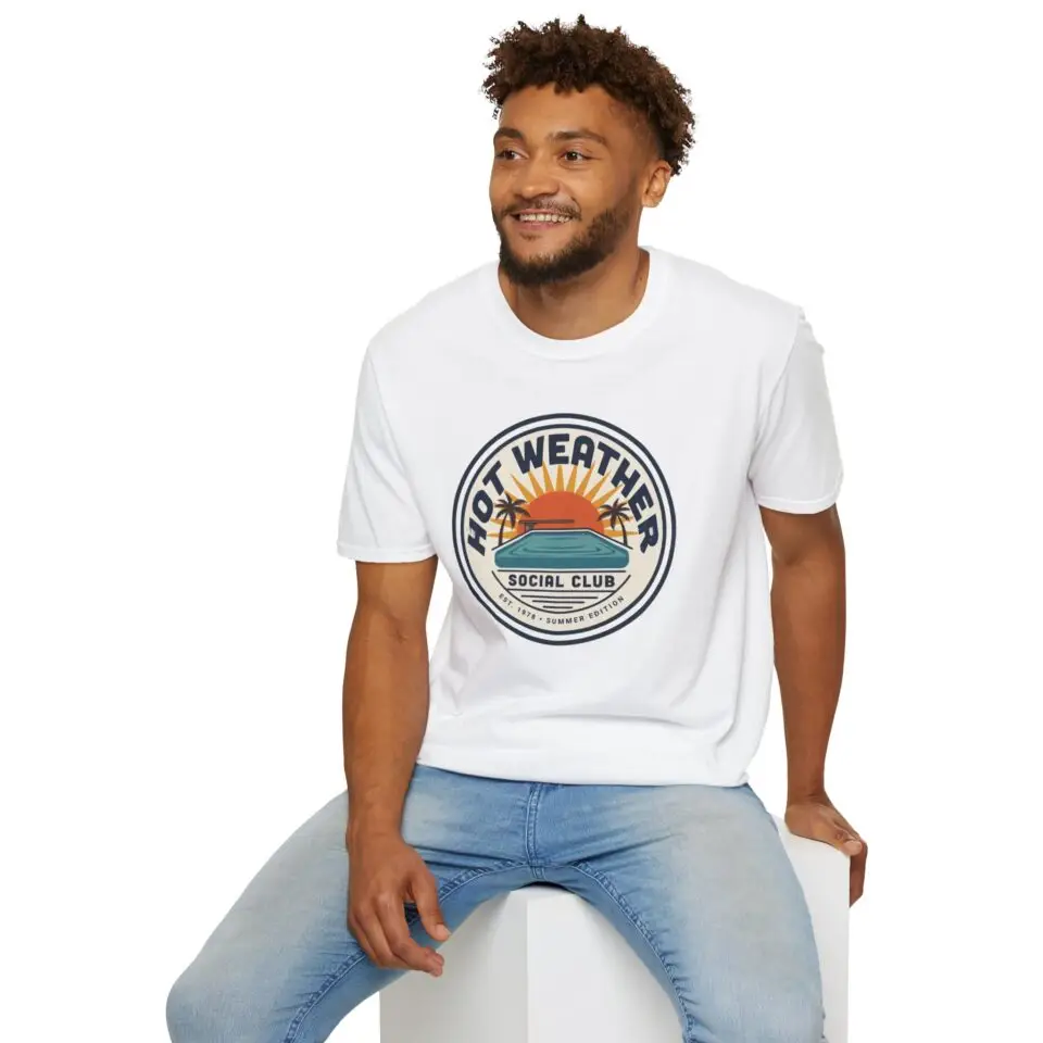 Hot Weather Social Club vintage summer graphic featuring sunset, palm trees, and retro poolside artwork