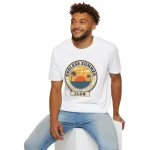 Image Alt Text Main Image Female model wearing an Endless Summer Club vintage California graphic t-shirt with a sunset, palm trees, and ocean design. Product-Focused Alt Text Endless Summer Club unisex t-shirt featuring a retro California coast sunset and palm tree graphic on a white tee. SEO-Friendly Alt Text Vintage California summer graphic t-shirt with Endless Summer Club typography, sunset, palm trees, and ocean artwork.