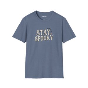 A black Stay Spooky Halloween t-shirt featuring a retro script chest graphic with subtle Halloween accents.