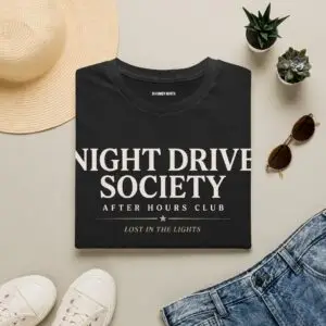 Person wearing a black Night Drive Society graphic t-shirt featuring a retro-futuristic neon city skyline, rain-soaked streets, towering palm trees, and a classic car driving into the night with bold typography reading "No Destination Required" and "Lost In The Lights • Built For The After Hours," photographed in a professional studio.