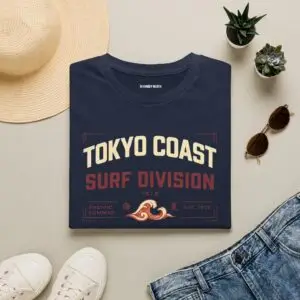 Tokyo Coast Surf Division Japanese wave graphic T-shirt shown from the back on a male model in a studio. Short SEO Alt Text Tokyo Coast Japanese wave graphic back print T-shirt