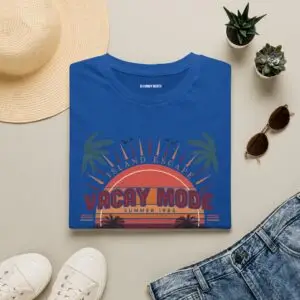 Retro Vacay Mode summer T-shirt design featuring a tropical sunset, palm trees, ocean waves, hibiscus flowers, and vintage island escape typography.