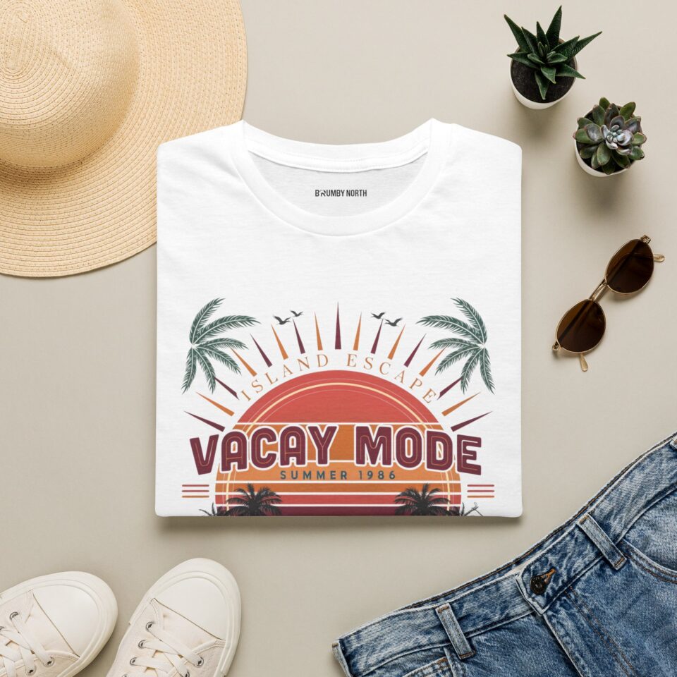 Retro Vacay Mode summer T-shirt design featuring a tropical sunset, palm trees, ocean waves, hibiscus flowers, and vintage island escape typography.