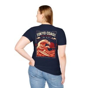Tokyo Coast Surf Division Japanese wave graphic T-shirt shown from the back on a male model in a studio. Short SEO Alt Text Tokyo Coast Japanese wave graphic back print T-shirt