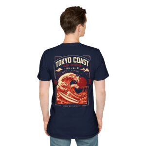 Tokyo Coast Surf Division Japanese wave graphic T-shirt shown from the back on a male model in a studio. Short SEO Alt Text Tokyo Coast Japanese wave graphic back print T-shirt