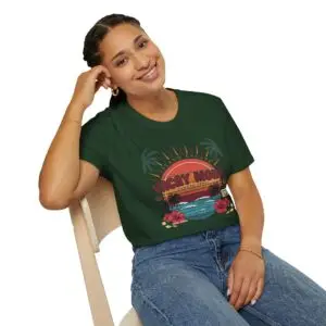 Retro Vacay Mode summer T-shirt design featuring a tropical sunset, palm trees, ocean waves, hibiscus flowers, and vintage island escape typography.