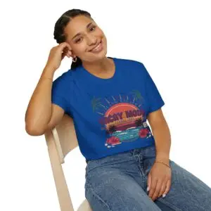 Retro Vacay Mode summer T-shirt design featuring a tropical sunset, palm trees, ocean waves, hibiscus flowers, and vintage island escape typography.