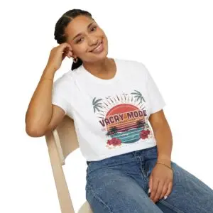 Retro Vacay Mode summer T-shirt design featuring a tropical sunset, palm trees, ocean waves, hibiscus flowers, and vintage island escape typography.