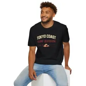 Tokyo Coast Surf Division Japanese wave graphic T-shirt shown from the back on a male model in a studio. Short SEO Alt Text Tokyo Coast Japanese wave graphic back print T-shirt