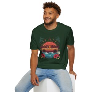 Retro Vacay Mode summer T-shirt design featuring a tropical sunset, palm trees, ocean waves, hibiscus flowers, and vintage island escape typography.