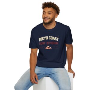 Tokyo Coast Surf Division Japanese wave graphic T-shirt shown from the back on a male model in a studio. Short SEO Alt Text Tokyo Coast Japanese wave graphic back print T-shirt
