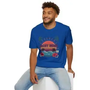 Retro Vacay Mode summer T-shirt design featuring a tropical sunset, palm trees, ocean waves, hibiscus flowers, and vintage island escape typography.