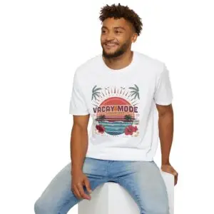 Retro Vacay Mode summer T-shirt design featuring a tropical sunset, palm trees, ocean waves, hibiscus flowers, and vintage island escape typography.
